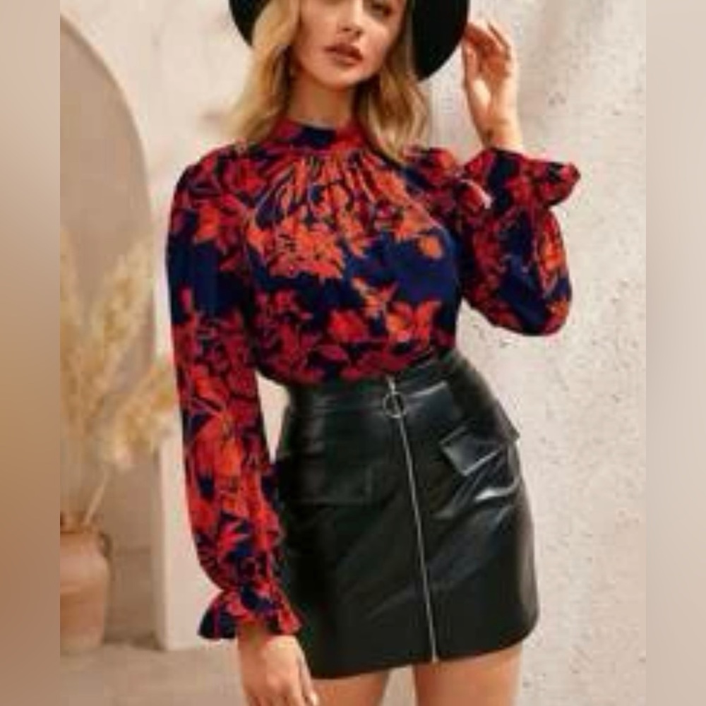 Mock Neck Floral Print Flounce Sleeve Blouse